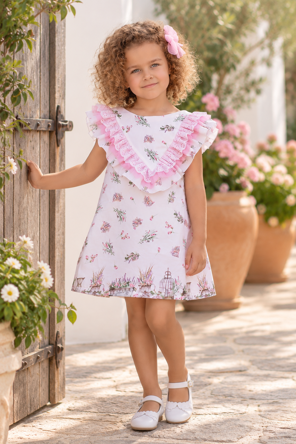 Rochy Laia girls pink floral A-line dress front lifestyle image