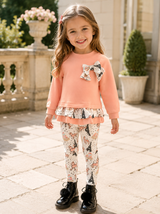 Rochy Lulu girls coral pink Paris print top and leggings set lifestyle image