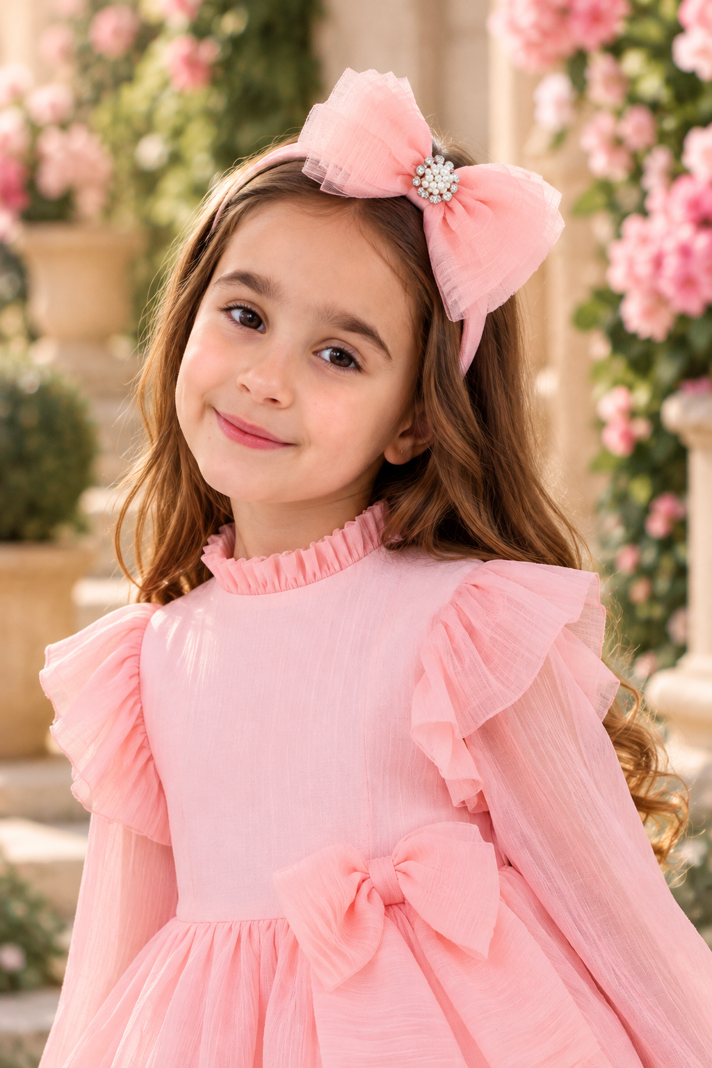 Rochy Rosse girls pink organza bow hairband with pearl and diamanté centre, styled with a matching pink dress in a rose garden