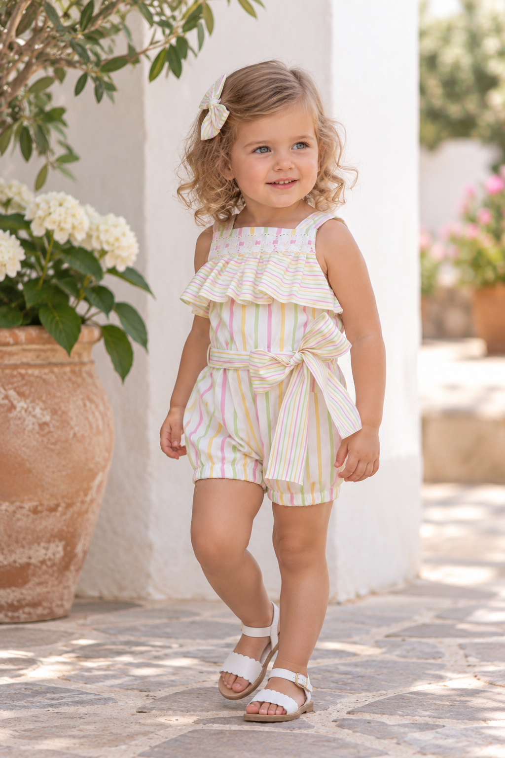 Rochy Vega girls multicoloured stripe playsuit on toddler in Spanish summer setting