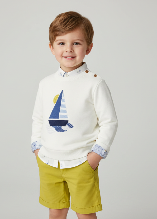 Sailboat jumper, shirt and yellow shorts on a little boy