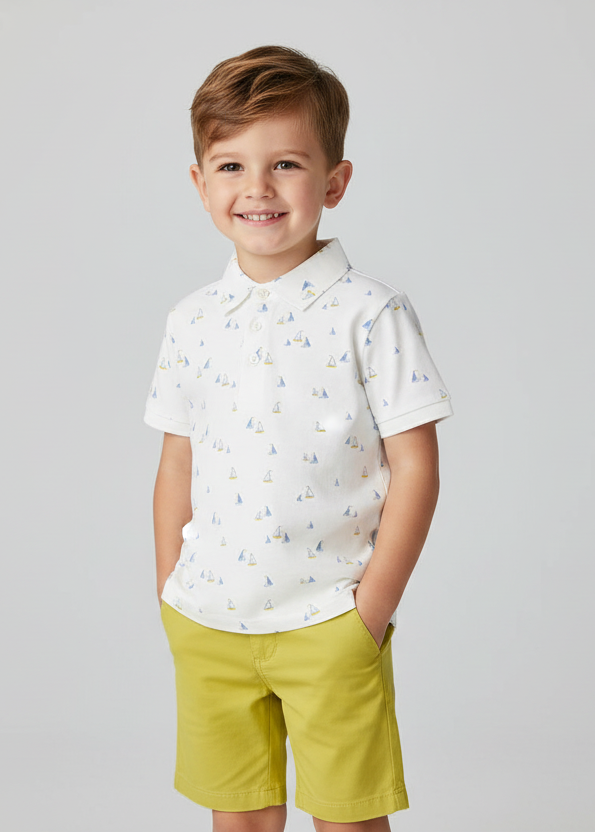 Boy wearing the Mayoral boat-print polo shirt and Capri-yellow shorts