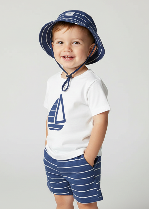 Sailboat t-shirt, navy striped shorts and sun hat on a toddler boy
