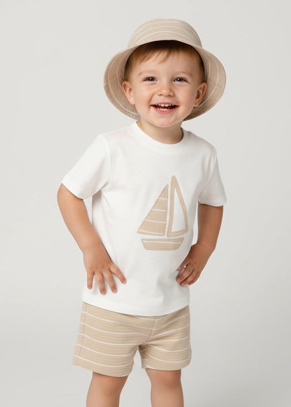Sailboat t-shirt, striped shorts and sun hat on a toddler boy