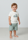 Scooter t-shirt and striped shorts on a toddler boy