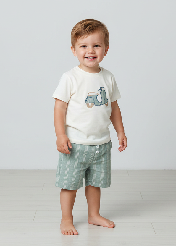 Scooter t-shirt and striped shorts on a toddler boy