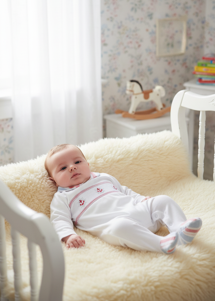 Small baby boy wearing nautical babygrow in elegant setting