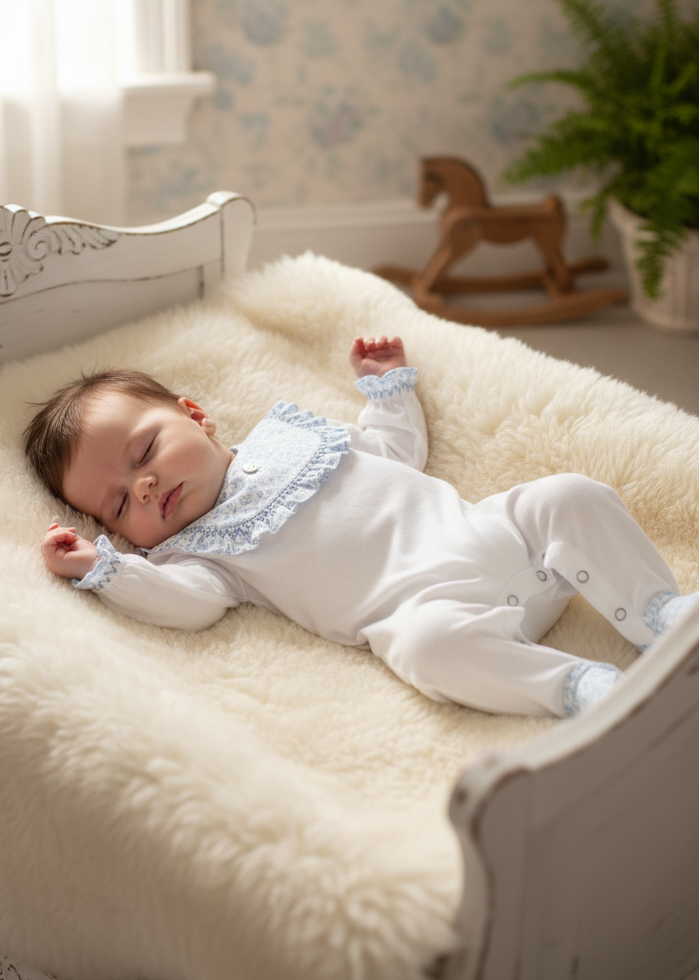Small baby girl wearing white and blue polka dot babygrow in elegant setting