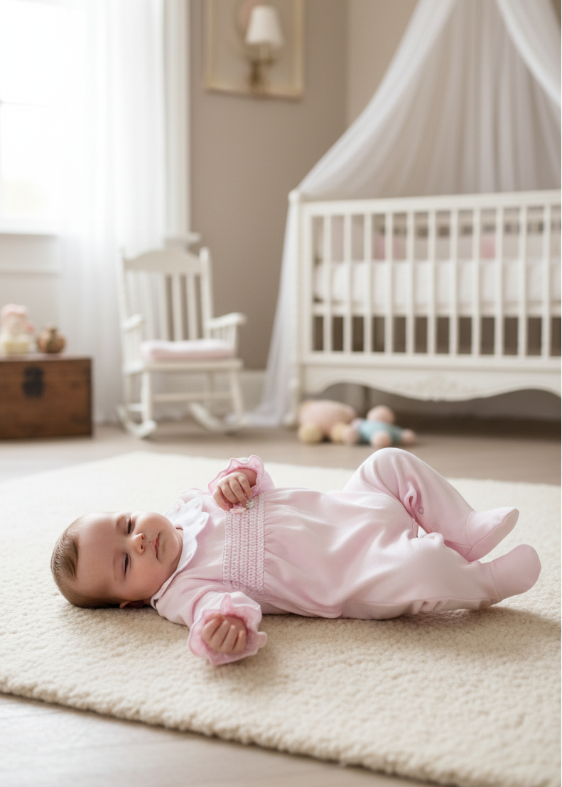 Small baby wearing pink babygrow in elegant setting