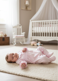 Small baby wearing pink babygrow in elegant setting