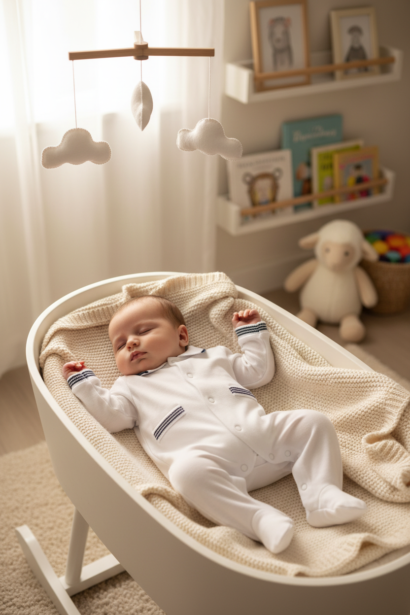 Small baby wearing white babygrow with navy trim in nursery