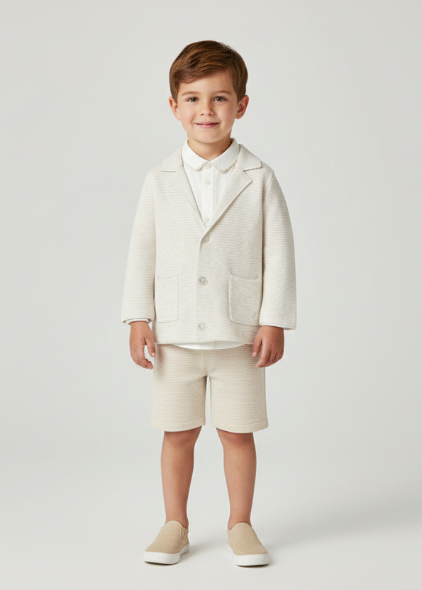 Boy wearing the Mayoral oat cardigan, ivory shirt and checked shorts outfit