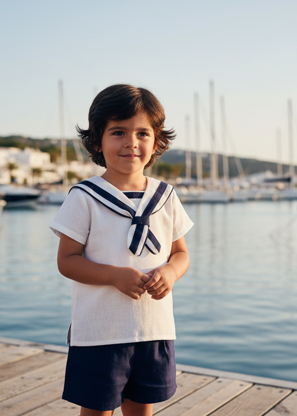 Basmarti boys navy and white sailor short set by the beach