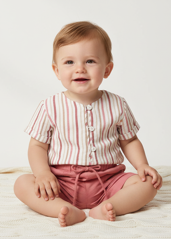 Striped button-up top and coral pink shorts on a baby boy
