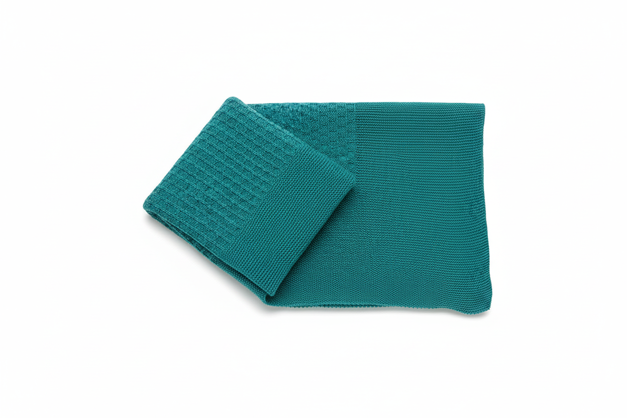 Teal knit baby blanket with waffle corner detail