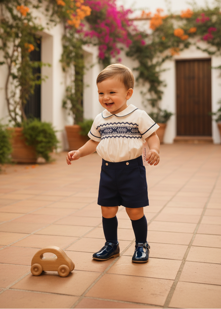 Naxos Pablo Navy Hand Smocked Shorts Set