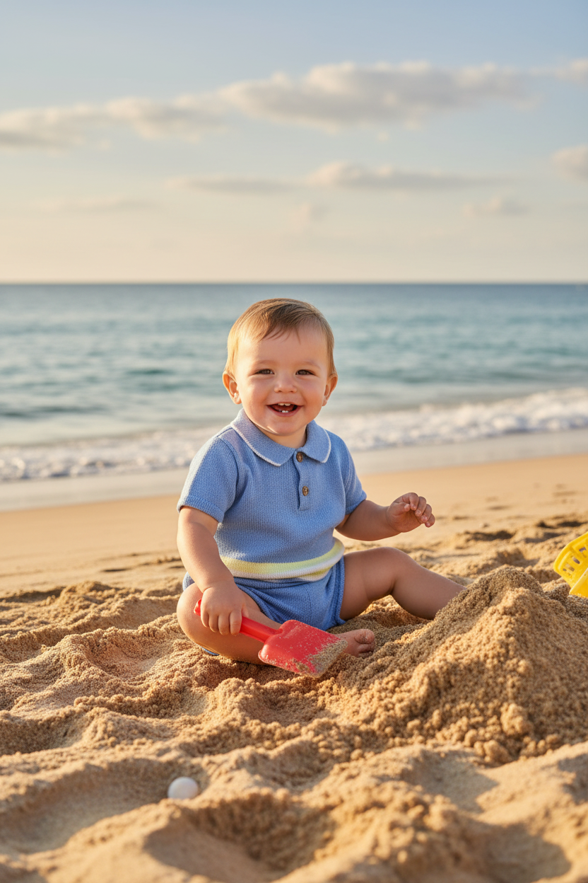 Toddler boy wearing blue knit polo with yellow stripe and shorts at beach
