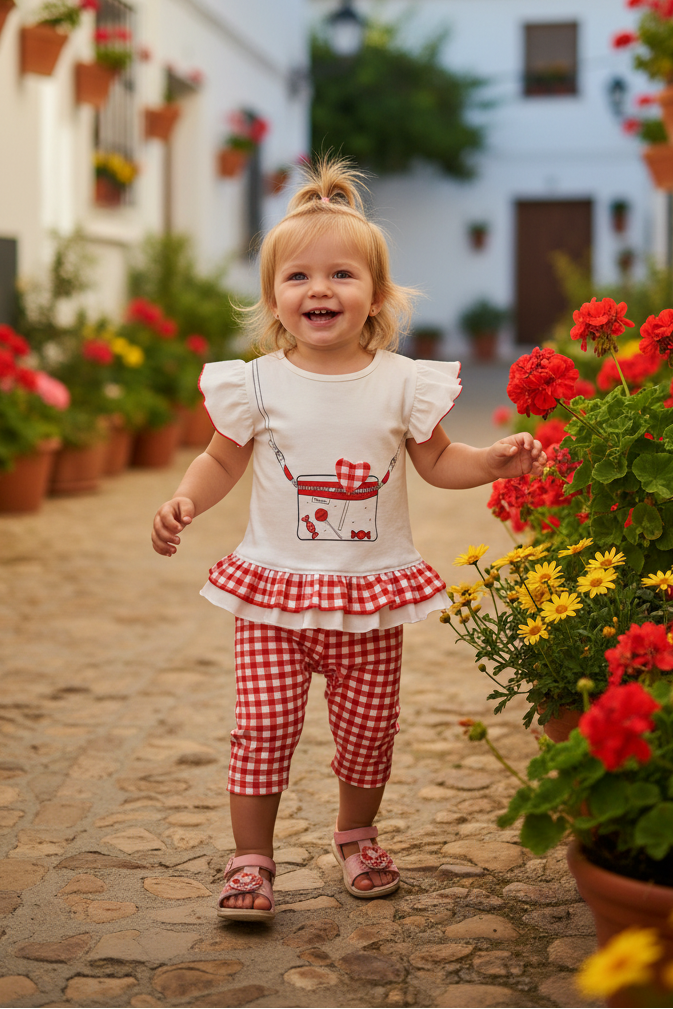 Toddler girl wearing Miranda Corazon red gingham leggings set