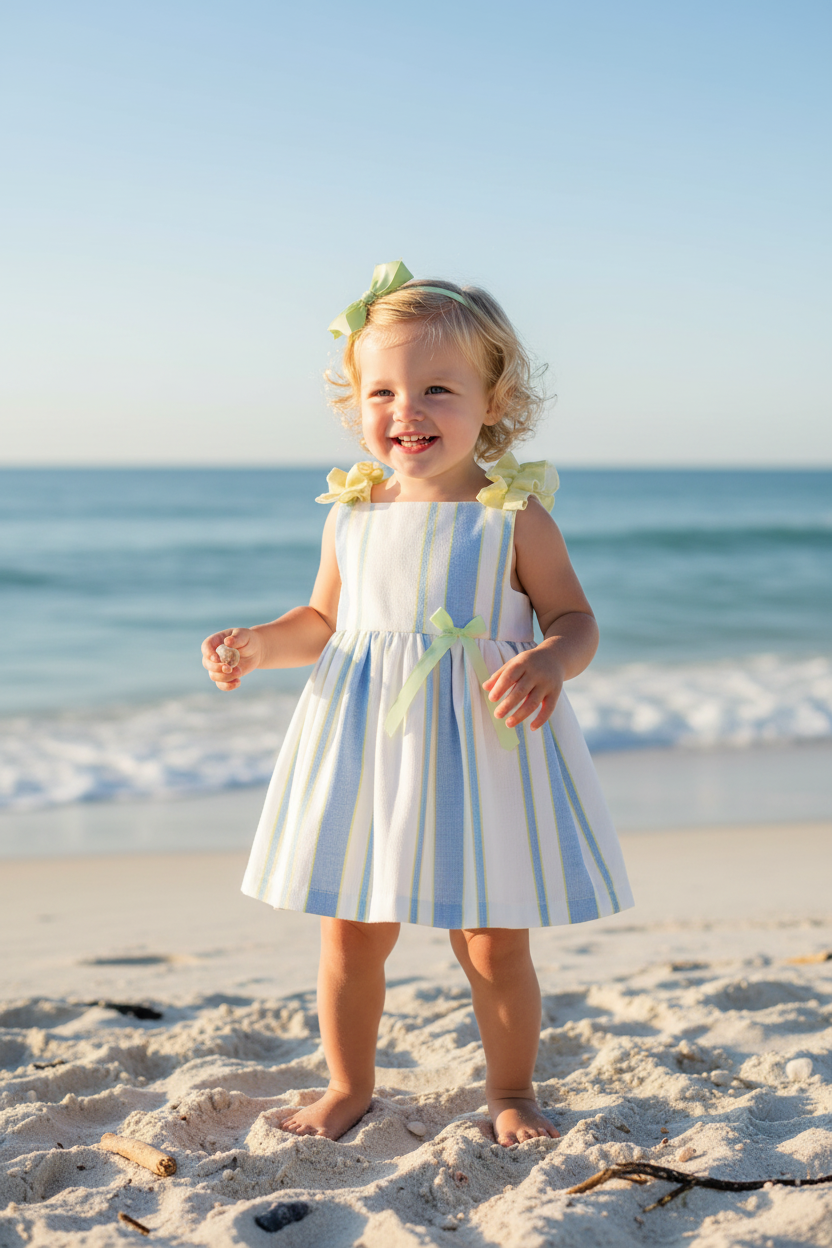 Toddler girl wearing blue and yellow striped sundress in beach scene