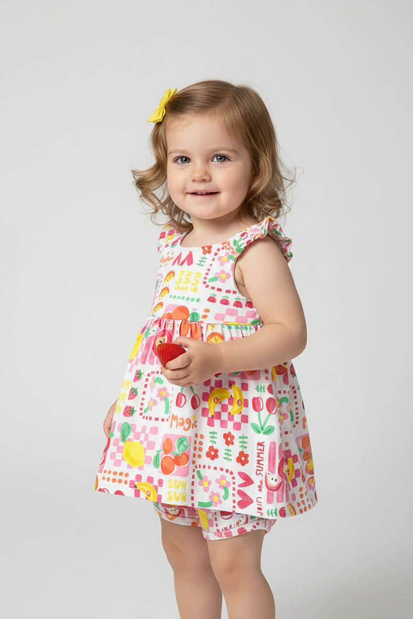 Toddler girl wearing colorful summer print dress with bloomers