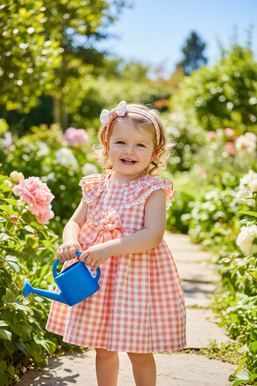 Toddler girl wearing coral gingham dress