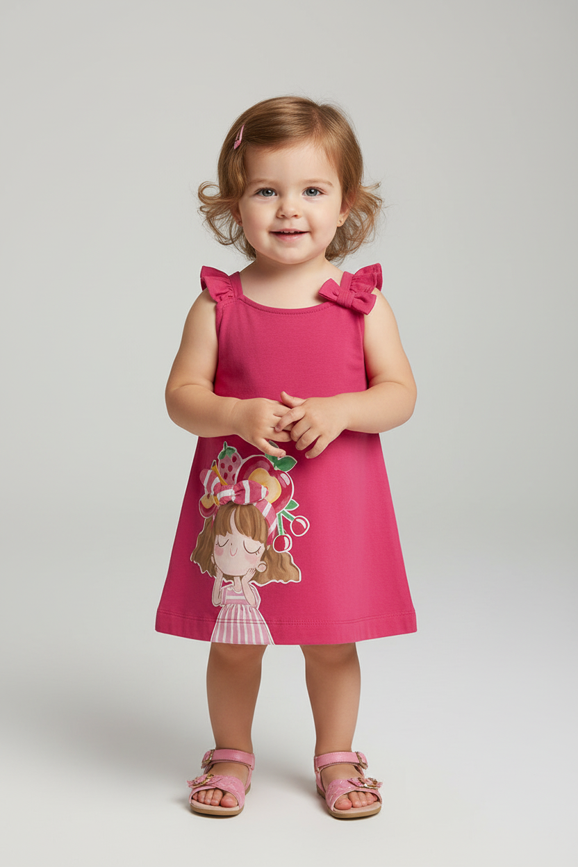 Toddler girl wearing pink dress with fruit appliqué