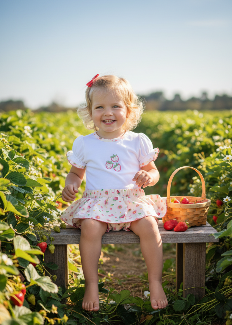 Toddler girl wearing strawberry outfit in strawberry-themed setting