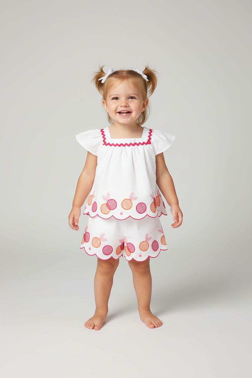 Toddler girl wearing white embroidered fruit outfit