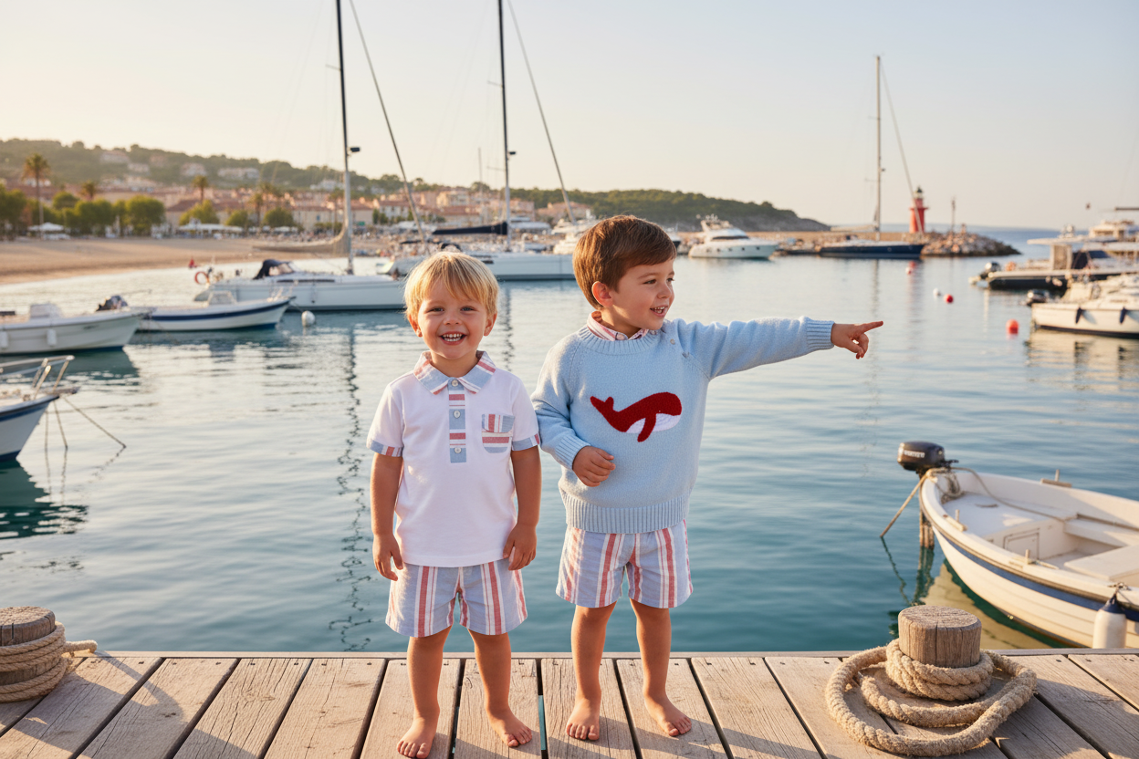 Two boys wearing Copacabana outfits with matching striped collars at marina