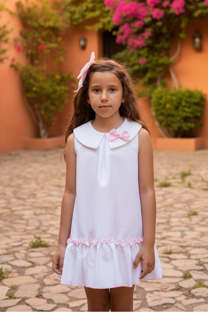 BABINE White Dress Baby Pink Trim - Spain