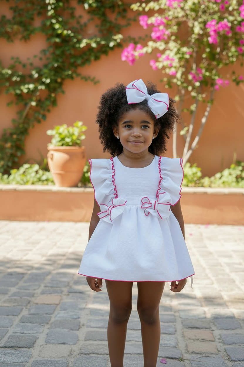 White Dress Cerise Trim - White Hair Bow