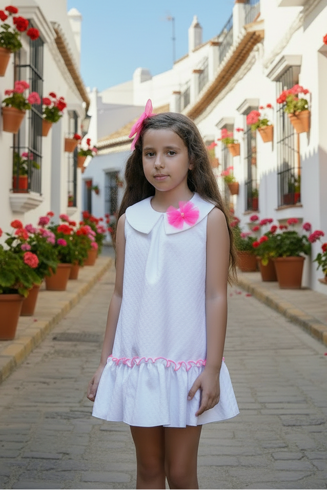 BABINE White Dress - Flat Neon Pink Bow