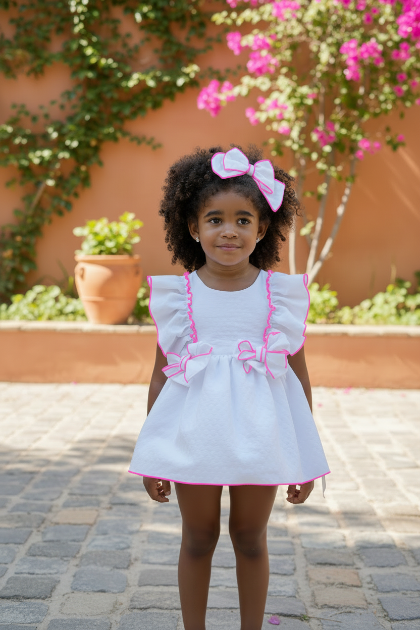 White Dress Neon Pink Trim