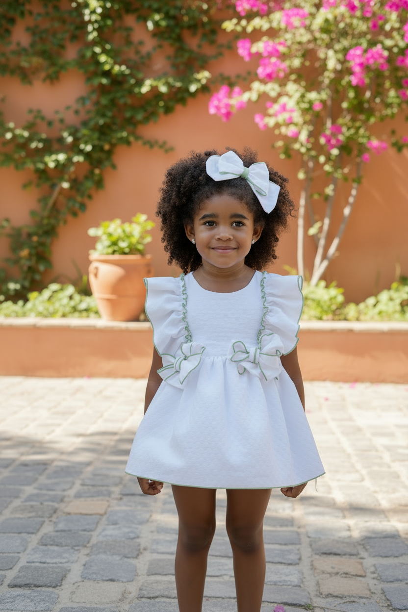 White Dress Sage Green Trim