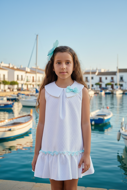 Babine Ana Girls White & Turquoise A-Line Dress