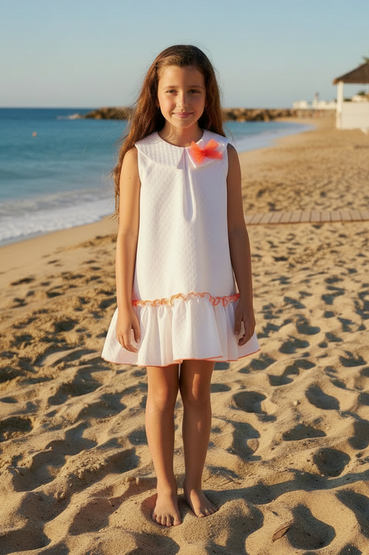 Babine Ana Girls White & Neon Orange A-Line Dress