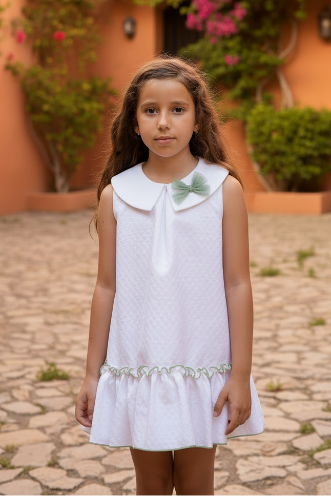 Babine Ana Girls White & Green A-Line Dress
