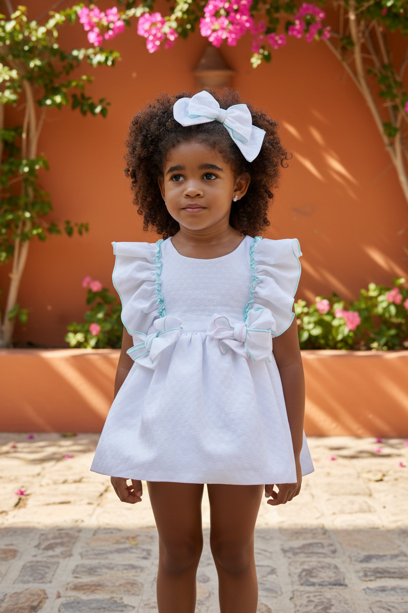 BABINE Clara Girls White & Turquoise Dress & Knickers - 2622023