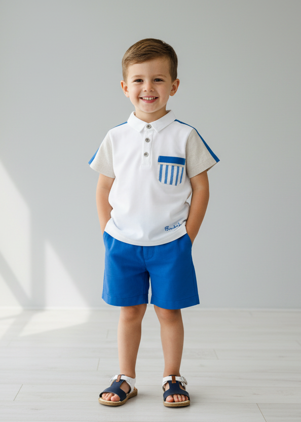 White polo with blue striped pocket and blue shorts on a little boy
