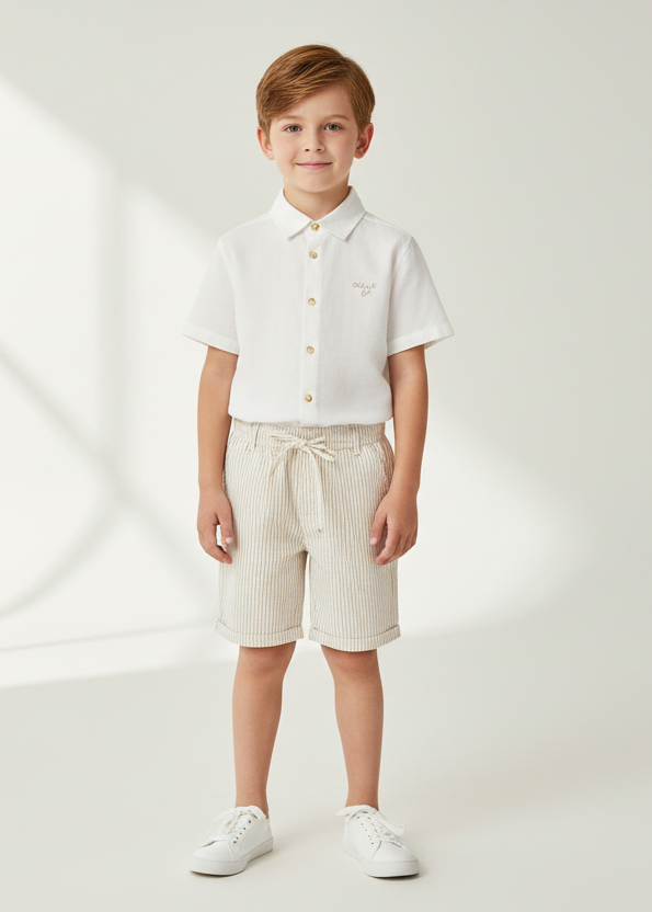 Boy wearing Mayoral oat stripe shirt and shorts set 3217
