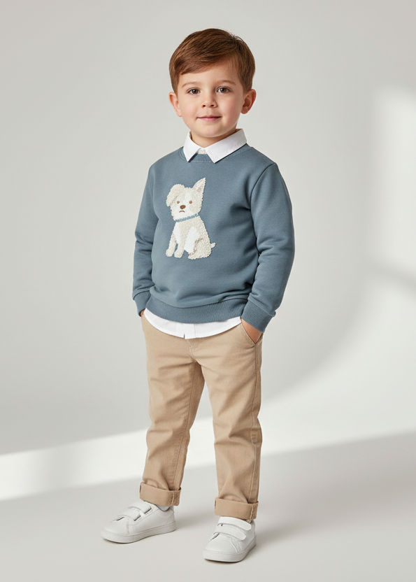 White shirt, blue dog jumper and beige trousers on a little boy