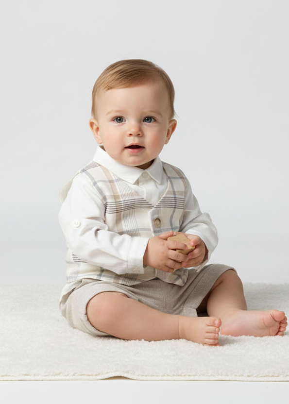White shirt, plaid vest and beige shorts on a baby boy