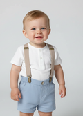 White t-shirt and light blue shorts with suspenders on a baby boy