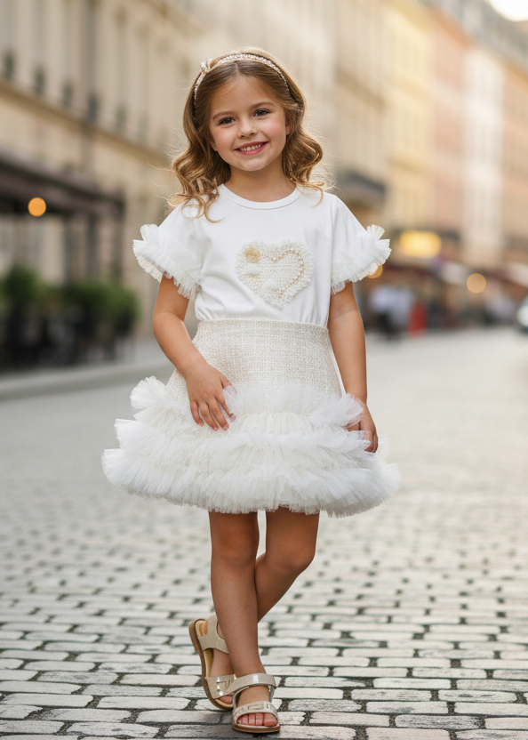 White top and less voluminous tulle skirt on a little girl in city setting