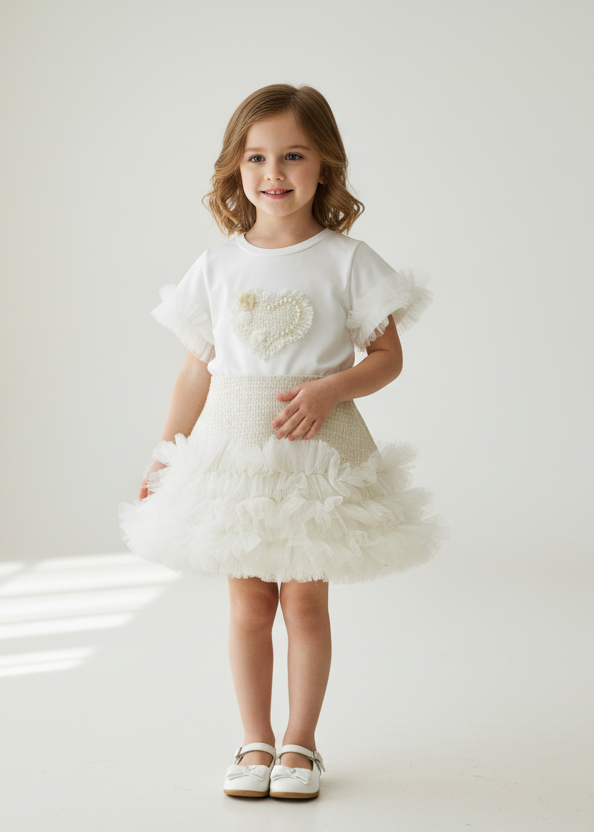 White top with heart detail and tulle skirt on a little girl