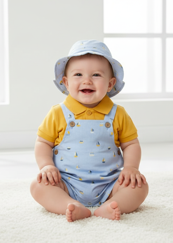 Yellow polo, high-sitting sailboat dungarees and sun hat on a baby boy