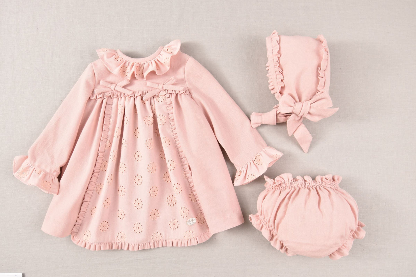 AW20 Jose Varon Pink Dress with Bonnet & Bloomers - 36006