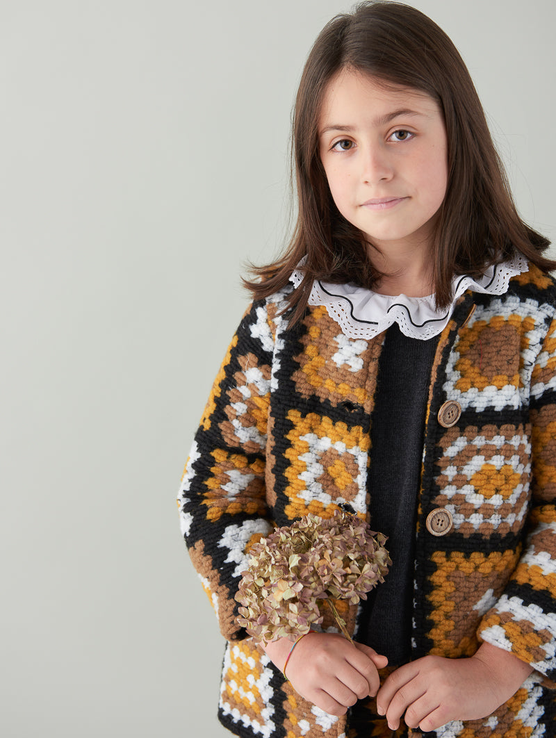 AW22 FOQUE Mustard & Black Crochet Girls Coat - 6516
