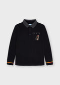 Mayoral boys black skater long sleeve polo shirt, front