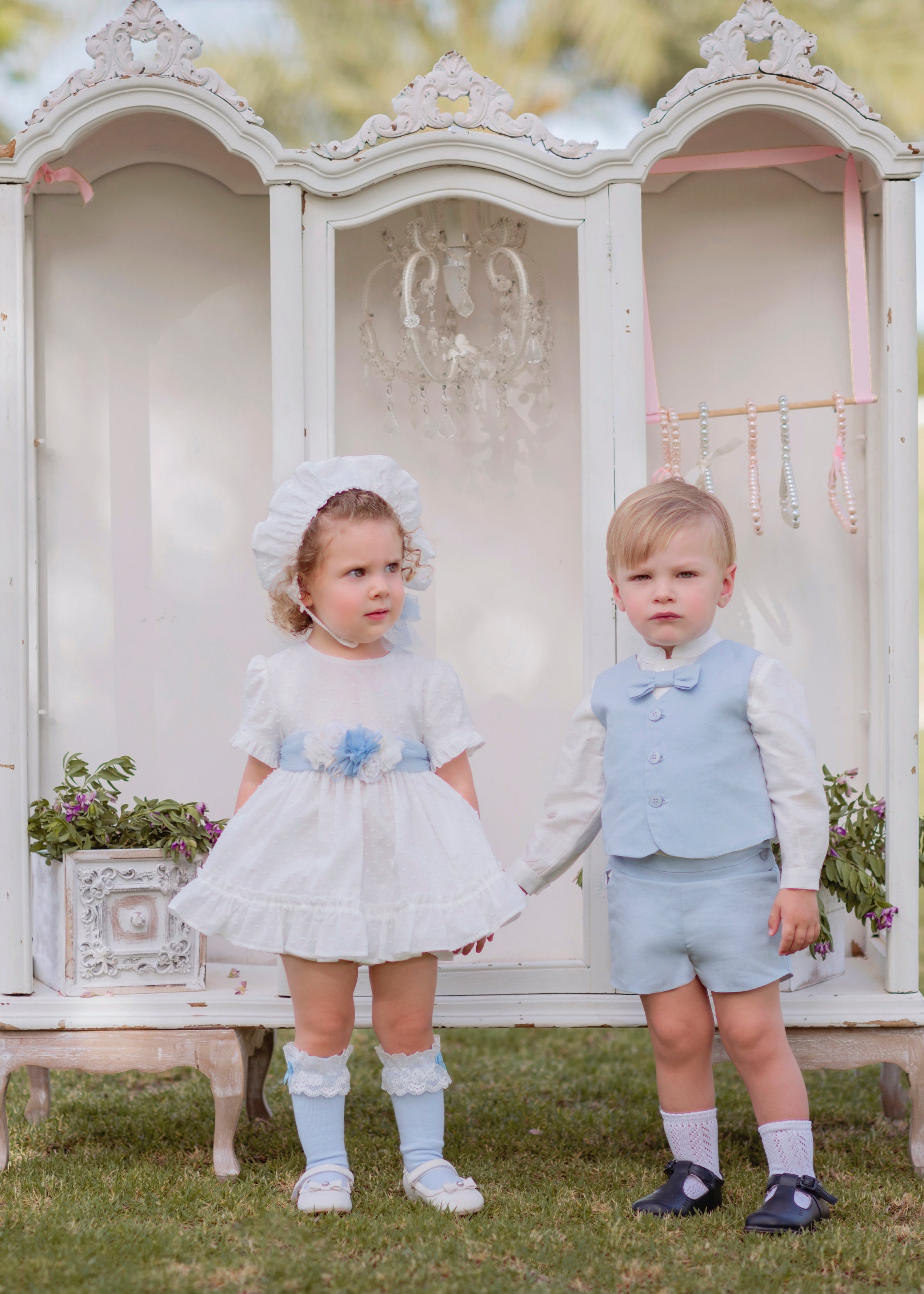 SS23 MIRANDA Cream & Blue Baby Girls Dress & Knickers - 124VB